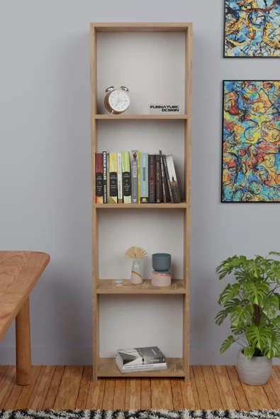 5 Raflı Kitaplık Arkalıklı Dar Raf Kütüphane 170 cm Atlantik Çam - 2