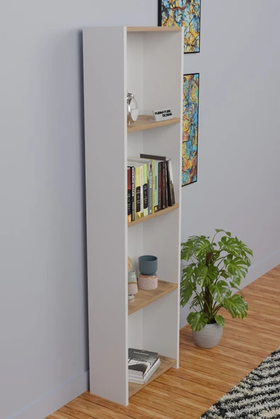 5 Raflı Kitaplık Arkalıklı Dar Raf Kütüphane 170 cm Beyaz - Atlantik Çam - 3