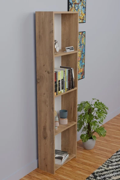 5 Raflı Kitaplık Arkalıklı Dar Raf Kütüphane 170 cm Atlantik Çam - 3