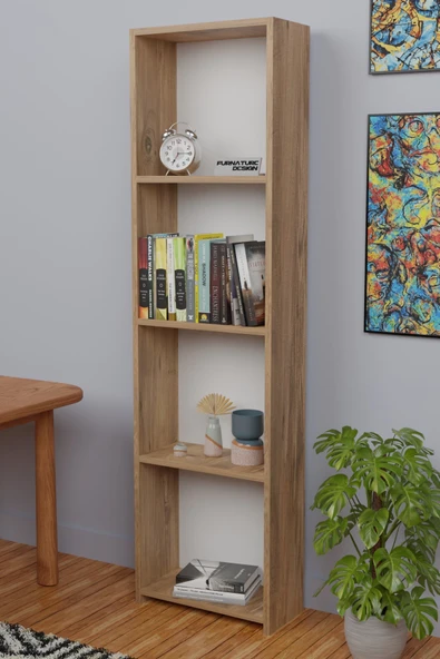 5 Raflı Kitaplık Arkalıklı Dar Raf Kütüphane 170 cm Atlantik Çam