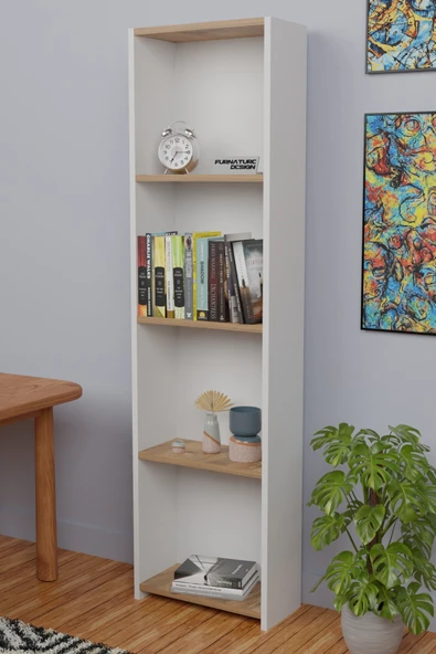 5 Raflı Kitaplık Arkalıklı Dar Raf Kütüphane 170 cm Beyaz