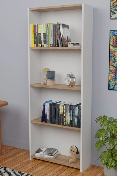 5 Raflı Kitaplık Arkalıklı Geniş Raf Kütüphane 170 cm Beyaz - Atlantik Çam