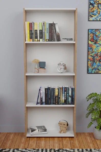 5 Raflı Kitaplık Arkalıklı Geniş Raf Kütüphane 170 cm Atlantik Çam - Beyaz - 2
