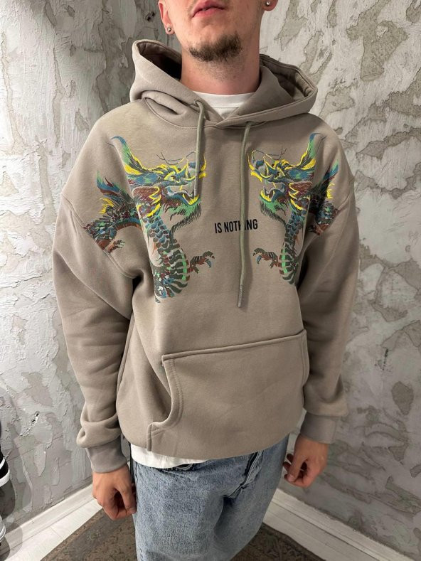 Elagance Gri Dragon Baskılı 3 iplik Şardonlu Hoodie