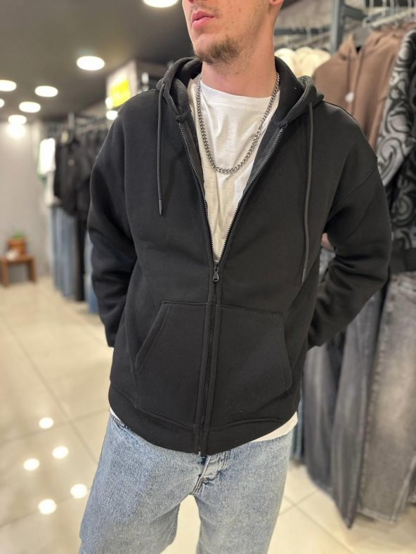 Elagance Siyah Basic 3 iplik Şardonlu Zip Hoodie