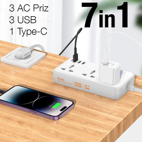 Coofbe Hc Seri Multifonksiyonel 2500W Priz Çoğaltıcı Şarj Aleti 3 USB 30W Type-C Girişli Şarj Stand - 9