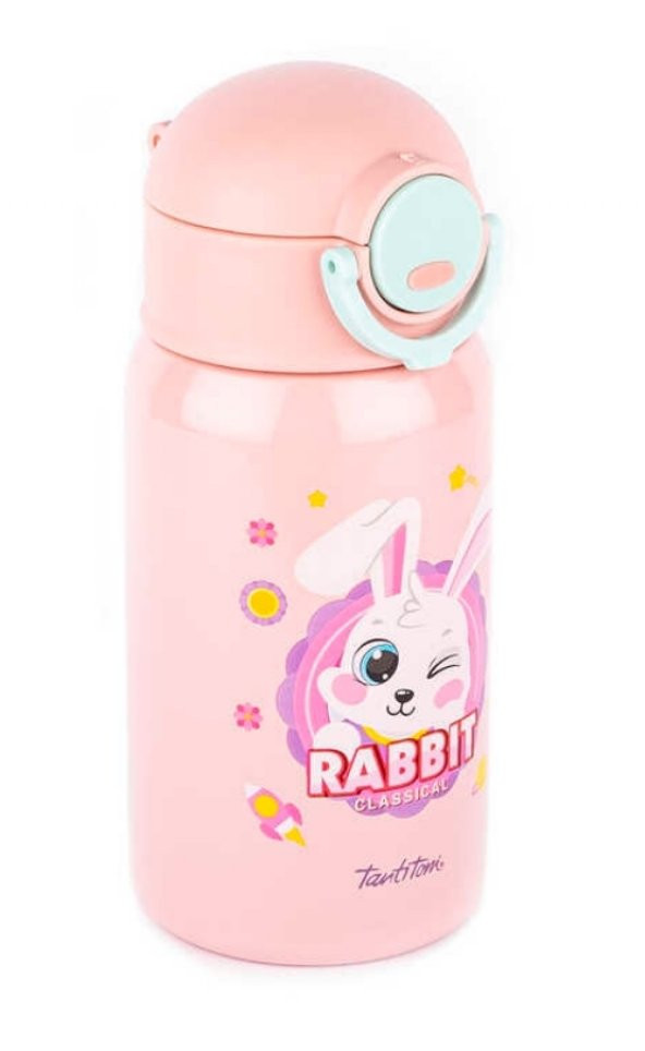 Tantitoni Pembe Tavşan  Desenli  Pipetli Paslanmaz Çelik Çocuk Termosu 400ML ürün görseli 1