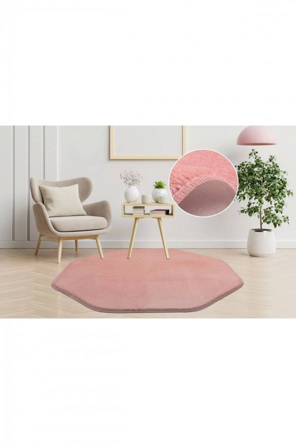 Orkide Home Modern Dekoratif Halı Jel Kaymaz Taban Peluş Puffy Desenli Pembe Sekizgen Halı  PEMBE 80 x 80 - 1