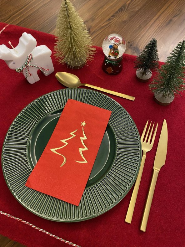 Gold Yaldızlı Yılbaşı Çam Ağacı Desenli 16 lı Kırmızı Renkli Kağıt Peçete - Resim 2