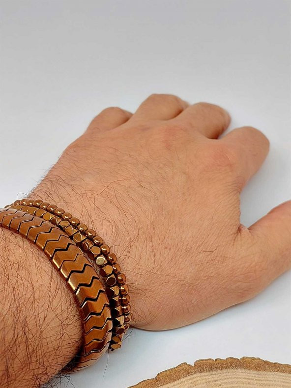 Üçlü Hematit Doğal Taşlı Erkek Bileklik Seti - Resim 3