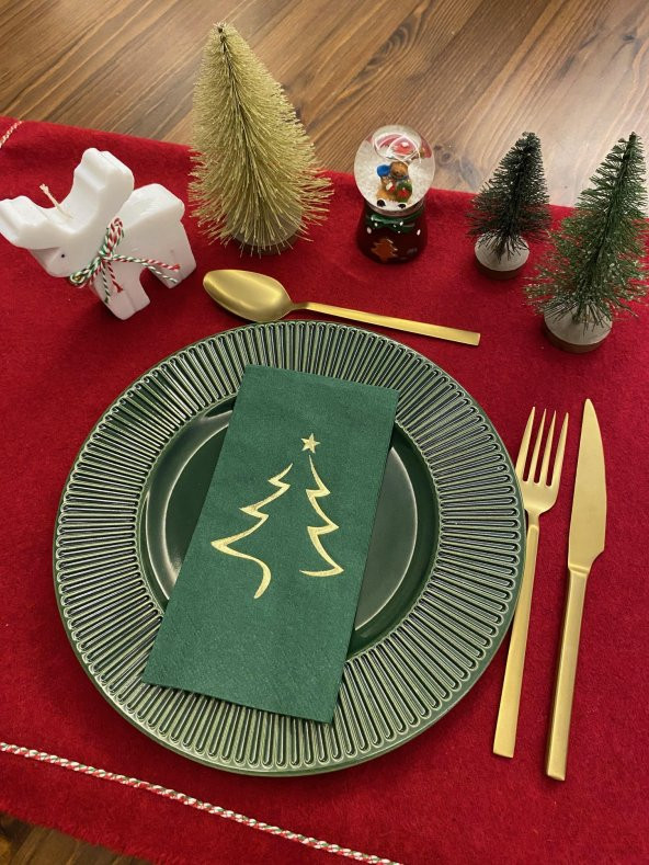 Gold Yaldızlı Yılbaşı Çam Ağacı Desenli 16 lı Yeşil Renkli Kağıt Peçete - Resim 2