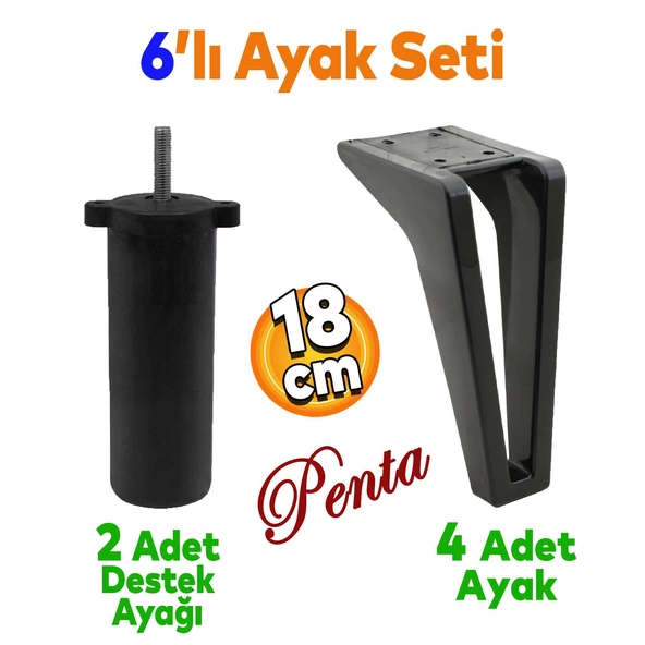 Penta 6'lı Set Mobilya Tv Ünitesi Konsol Koltuk Kanepe Destek Ayağı 18 Cm Siyah Ayakları M8 Civatalı