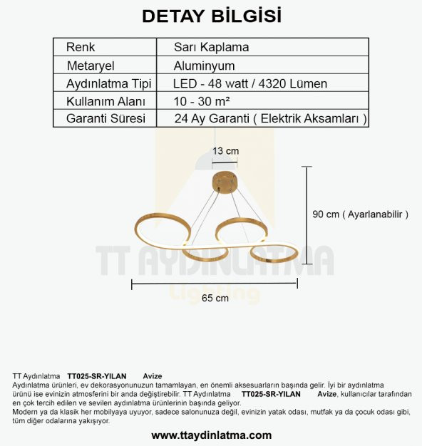 TT Aydınlatma TT025-SR  Yılan Modeli Sarı Kaplama Led Avize - Resim 5