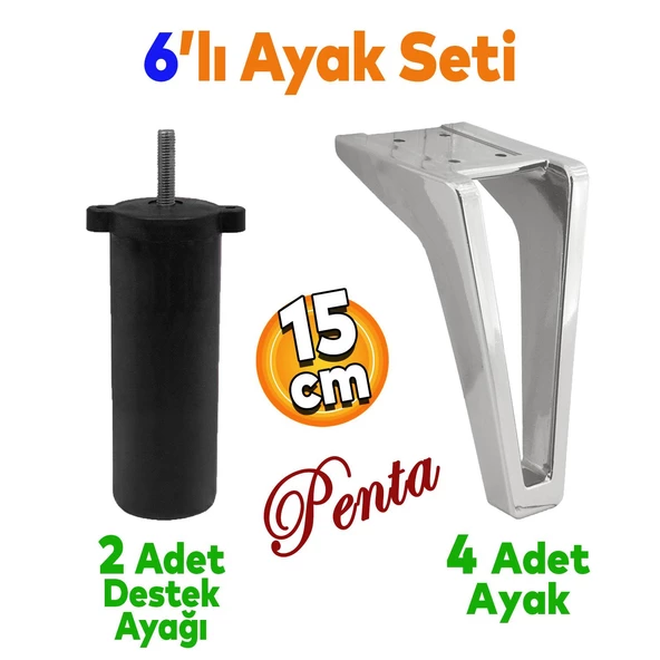 Penta 6'lı Set Mobilya Tv Ünitesi Çekyat Koltuk Kanepe Destek Ayağı 15 Cm Krom Ayakları M8 Civatalı