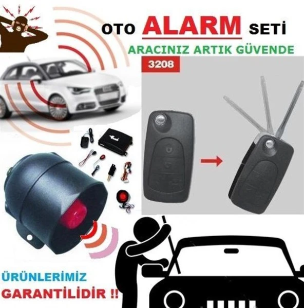 HKO Oto Alarmı Komple Set Sustalı 12V  Kumanda Modeli: 3208