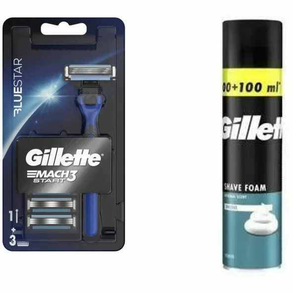 Gillette Mach 3 Start Bluestar Tıraş Makinesi + 3 Yedek+Gillette Tıraş köpüğü 200 ml