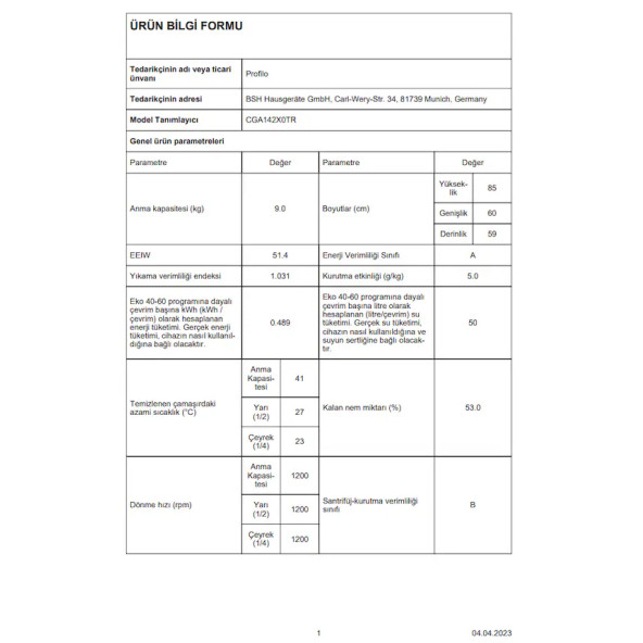 Profilo CGA142X0TR 9 kg 1200 Devir Çamaşır Makinesi - Resim 5