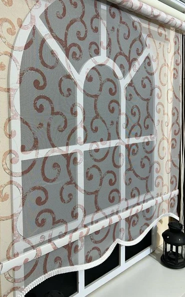 Çift Mekanizmalı Desenli Tül Stor Perde Pembe Baskı STB-106  Pembe 100 x 200