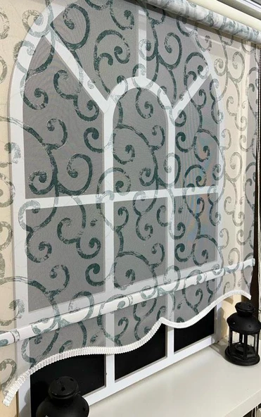 Çift Mekanizmalı Desenli Tül Stor Perde Gri Yeşil Baskı STB-107  Gri 90 x 260 - 2