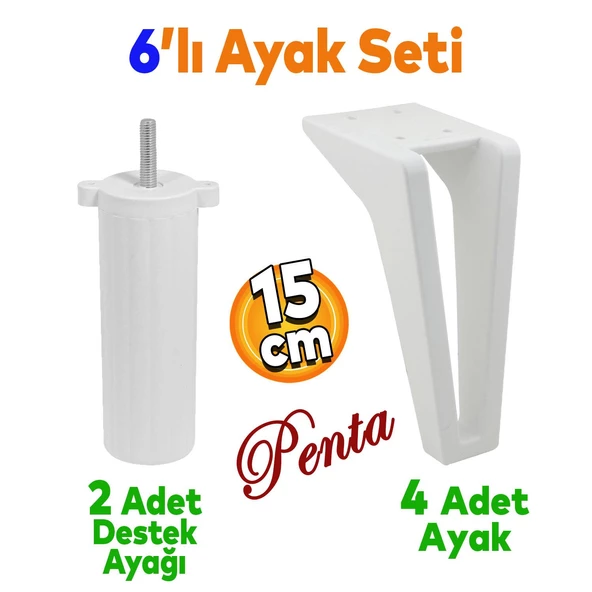 Penta 6'lı Set Mobilya Tv Ünitesi Çekyat Koltuk Kanepe Destek Ayağı 15 Cm Beyaz Ayakları M8 Civatalı