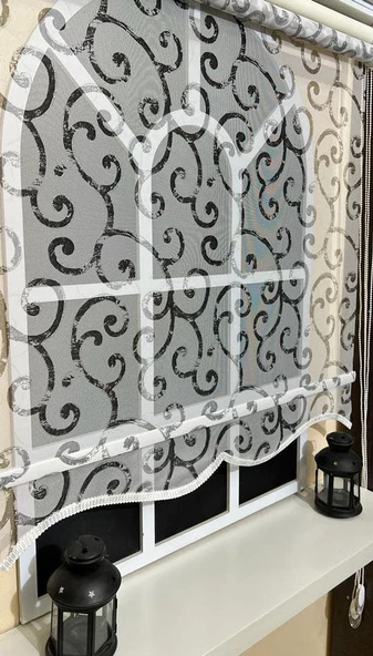 Çift Mekanizmalı Desenli Tül Stor Perde Gri Baskı STB-108  Gri 90 x 200