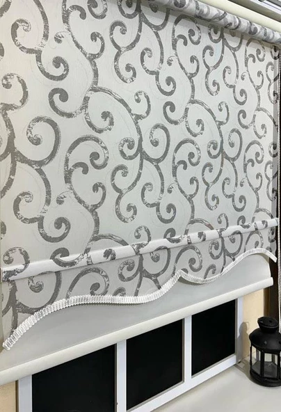 Storburada Çift Mekanizmalı Desenli Tül Stor Perde Gri Baskı STB-108  Gri 80 x 260 - Resim 2