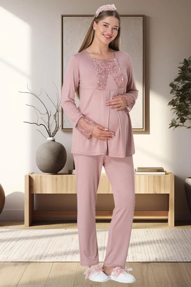 Mecit 5911 Pudra Bayan Hamile Lohusa Peluş Sabahlık Pijama Takımı - 2