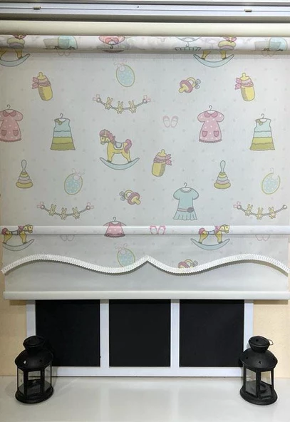 StorBurada Çift Mekanizmalı Desenli Tül Stor Perde Çocuk Odası Baskı STB-109  Beyaz 140 x 200 - 3