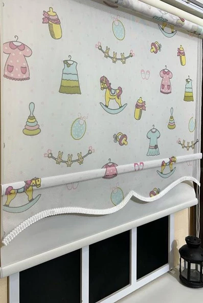 Çift Mekanizmalı Desenli Tül Stor Perde Çocuk Odası Baskı STB-109  Beyaz 150 x 260