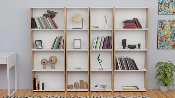 5 Raflı Kitaplık Seti Arkalıklı 2 Dar 2 Geniş Raf Kütüphane 170 cm Atlantik Çam Beyaz - 2