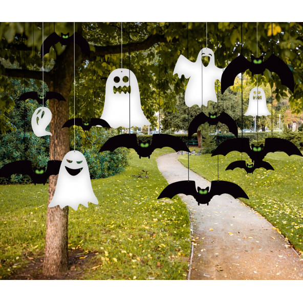 Halloween Partisi için 36 parça gözleri parlayan Yarasa ve Hayalet süsü dekorasyon