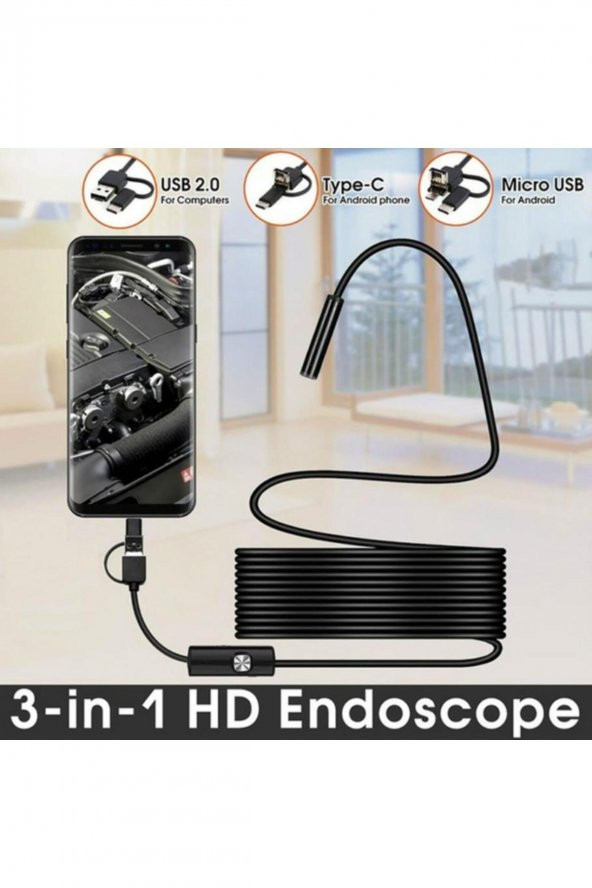 Endoskop 3 in 1 Yılan Kamera USB Micro Usb Type-C 2 m Sert Kablo