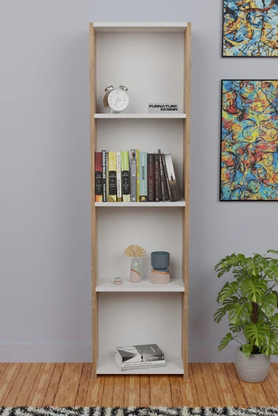 5 Raflı Kitaplık Seti Arkalıklı Dar Raf Kütüphane 170 cm Atlantik Çam - Beyaz - 2