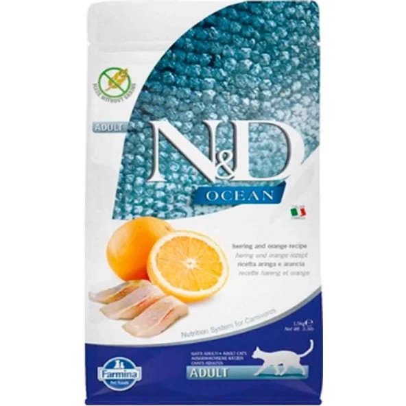 ND Tahılsız Okyanus Ringa Balığı ve Portakallı Yetişkin Kedi Maması 1,5 Kg - 2