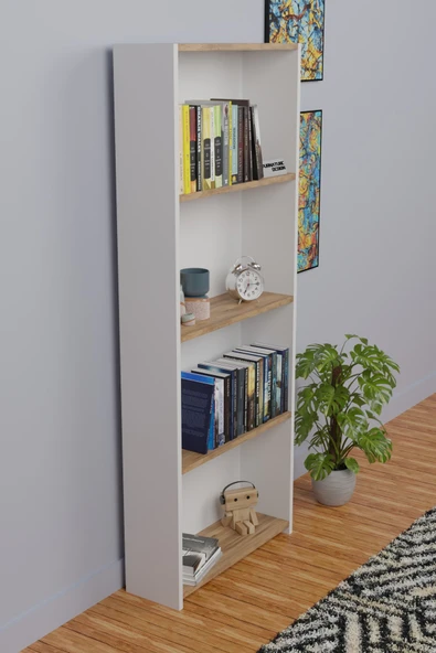 5 Raflı Kitaplık Seti Arkalıklı Geniş Raf Kütüphane 170 cm Beyaz - Atlantik Çam - 3