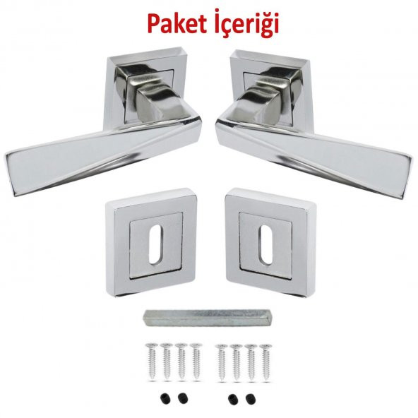 Penta Nikel Saten Kare Rozetli Oda Kapı Kolu (1 TAKIM: 2 Adet Kol + 2 Adet Rozet + Bağlantı Demiri) - 2