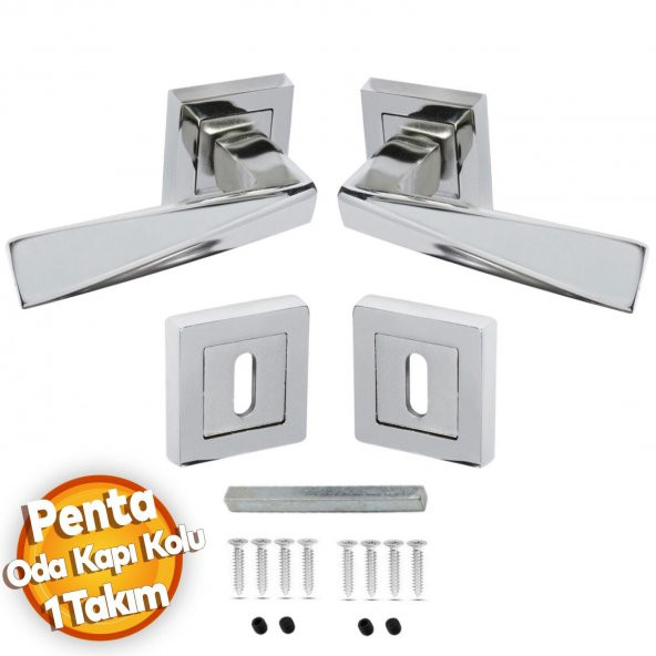 Penta Nikel Saten Kare Rozetli Oda Kapı Kolu (1 TAKIM: 2 Adet Kol + 2 Adet Rozet + Bağlantı Demiri) - 4