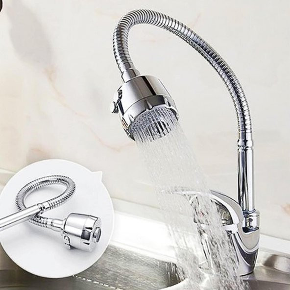 Mutfak Banyo Musluk Batarya Kuğu Evye Borusu Spiral Hortumlu Krom Renk 2 Kademeli Su Kubar Ayarlı Başlık - 3
