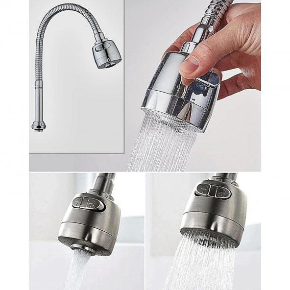 Mutfak Banyo Musluk Batarya Kuğu Evye Borusu Spiral Hortumlu Krom Renk 2 Kademeli Su Kubar Ayarlı Başlık - 4