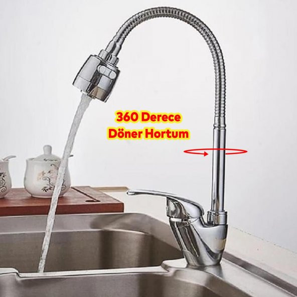 Mutfak Banyo Musluk Batarya Kuğu Evye Borusu Spiral Hortumlu Krom Renk 2 Kademeli Su Kubar Ayarlı Başlık - 5