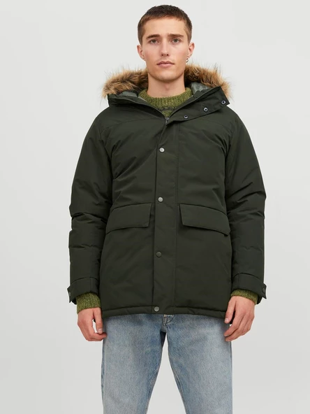 JACK JONES Erkek Kapüşonlu Uzun Mont Haki Parka 12236096