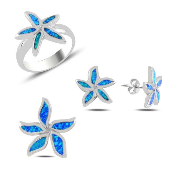 Silverlina Gümüş Çiçek Opal Taşlı Set