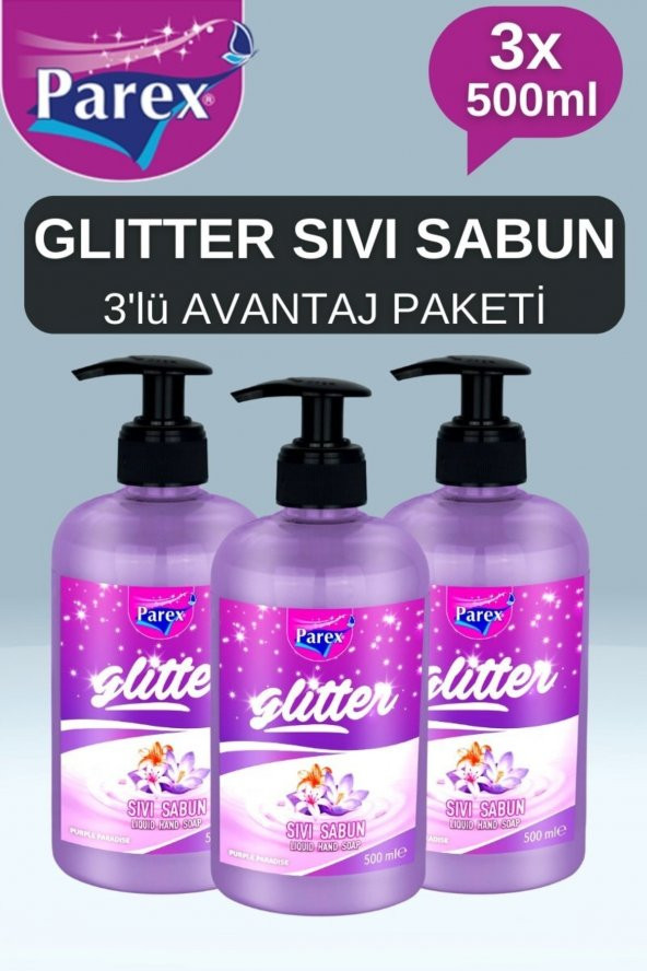 Parex 3×500ml Purple Paradise Glitter Sıvı Sabun 3'lü Avantaj Paketi Antistress Sıvı Sabunluk