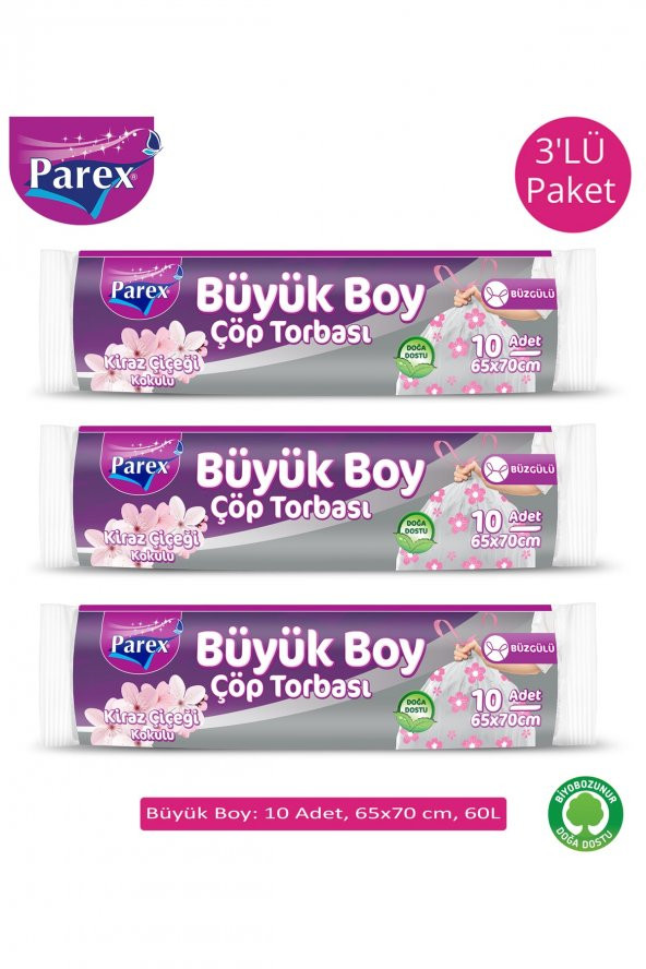 Parex Premium Büzgülü Çöp Torbası Kiraz Çiçeği Büyük Boy 10'lu 3^lü Paket