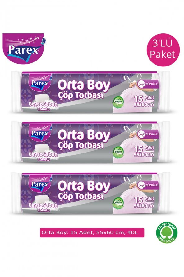 Parex Büzgülü Çöp Torbası Beyaz Sabun Kokulu Orta Boy 15'li 3lü Paket