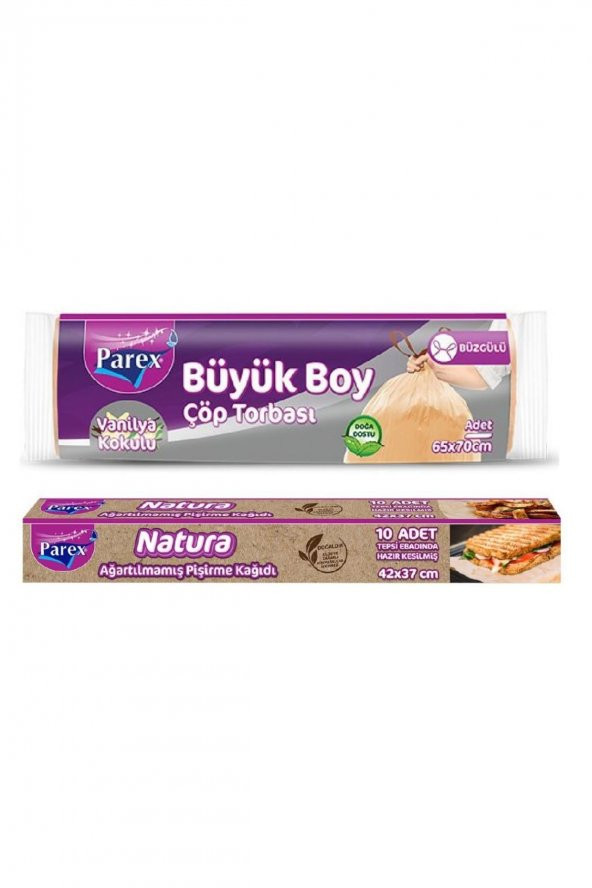 Parex Çöp Torbası Büyük Boy Büzgülü Vanilya Kokulu 10'lu + Natura Ağartılmamış Hazır Kesim Pişirme K - 2