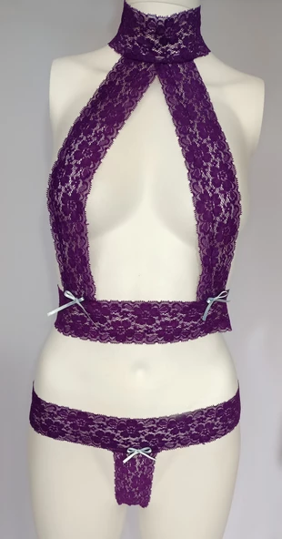 ASM1200 Kadın 2 Li Siyah ve Mor Marya Egzotik Sütyen Takım - 6