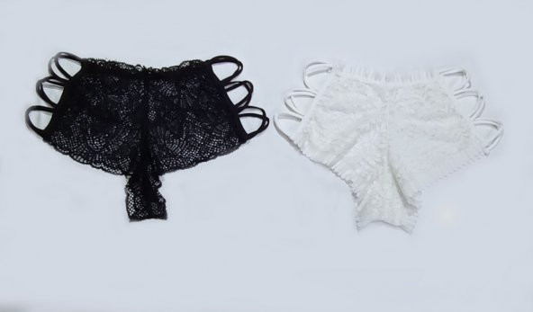 ASM1201 Kadın 2 Li Siyah ve Ekru Çaprazlı Dantel Şort Külot