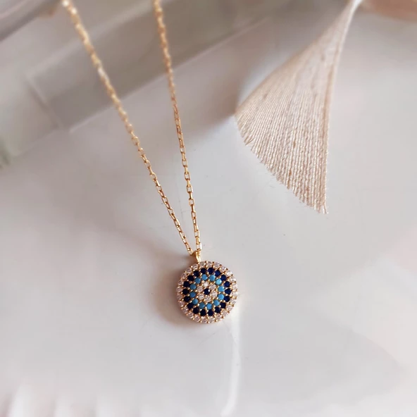 Vaoov 925 Ayar Gümüş Altın Kaplama Kadın Taşlı Nazar Kolye - Resim 2