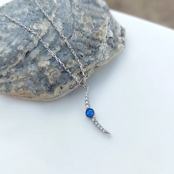 Vaoov 925 Ayar Gümüş Opal Taşlı Rodyumlu Ay Kolye - Resim 3